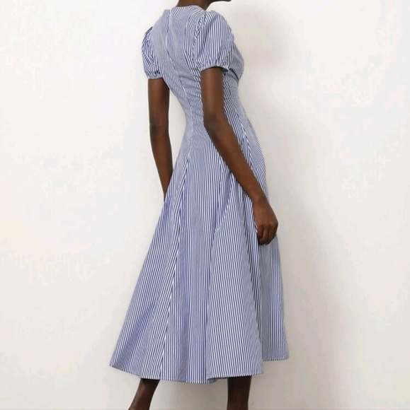 Elegant Commuter Minimalist High-End Design Stripe Blue A-Line Deep V-NECK Puff - Picture 4 of 4